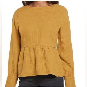 Madewell Lightspun Button-Back Peplum Longsleeve Top Mustard